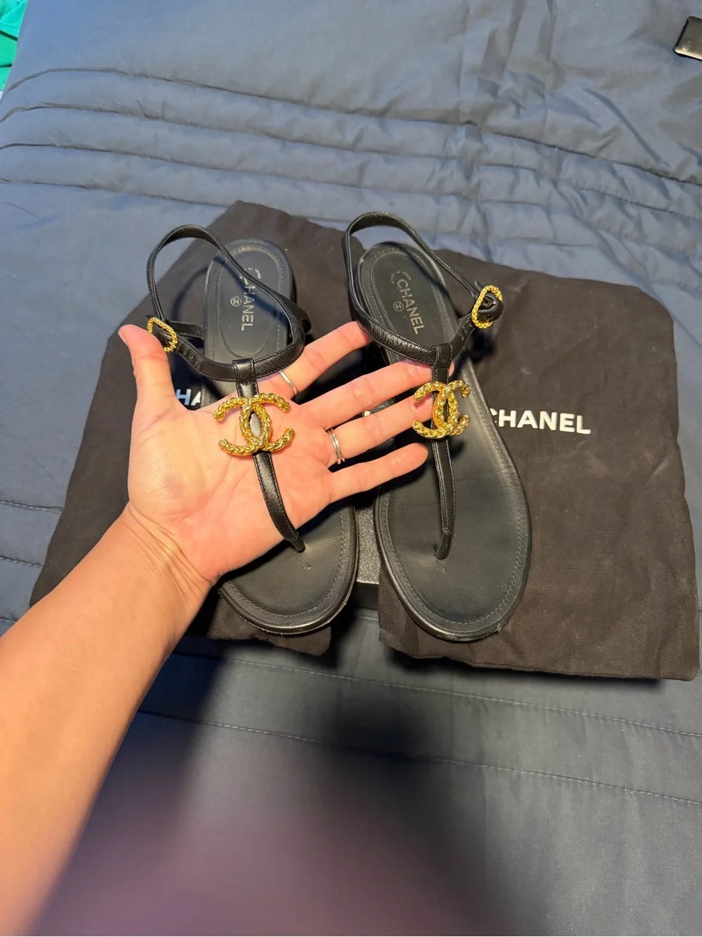 CHANEL Black Leather T-Strap Sandals with Gold CC Medallions